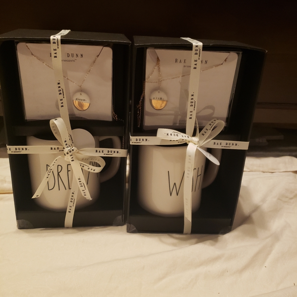 Rae Dunn mugs and necklaces
